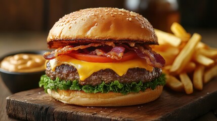 A juicy burger, two slices of beef nestled between a toasted sesame seed bun, topped with melted cheddar cheese, crispy bacon, ripe tomatoes, and a creamy cheddar dip, accompanied by a generous