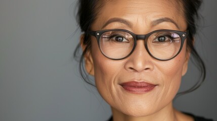 Fototapeta premium A middle-aged woman wearing glasses, smiling subtly, with a neutral expression.