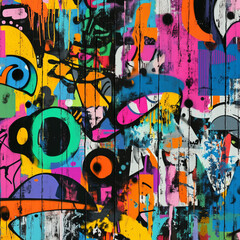 Naklejka premium Seamless Colorful Graffiti Pattern on Weathered Concrete Wall – Urban Street Art