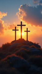 Three Cross on A Hill, clouds sunset background, Good Friday, copy space for text 02