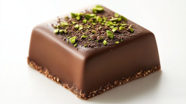 A delectable chocolate masterpiece, its surface a canvas of rich dark chocolate, adorned with delicate kadaifi and pistachio flakes. A hint of vibrant green, reminiscent of a burst of paint, adds a
