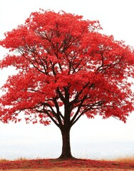 Fototapeta premium A mature red maple tree with bright red leaves is positioned on a white background, accentuating the beauty of the autumn season's foliage