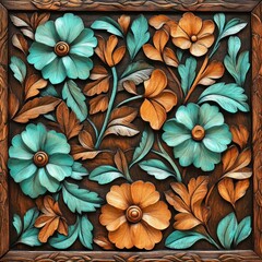 Intricate teal and orange floral wood carving.