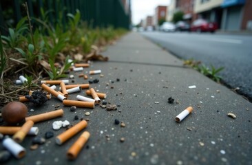 Urban litter and pollution on city sidewalk highlighting environmental impact