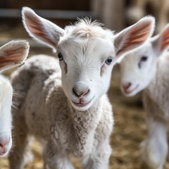 Obraz premium Cute Baby Lamb in a Barn with Other Lambs