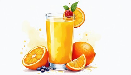 Vibrant Illustration: Realistic Glass of Orange Juice with Garnishes on White Background. A glass of  juice with a slice of  and a strawberry.