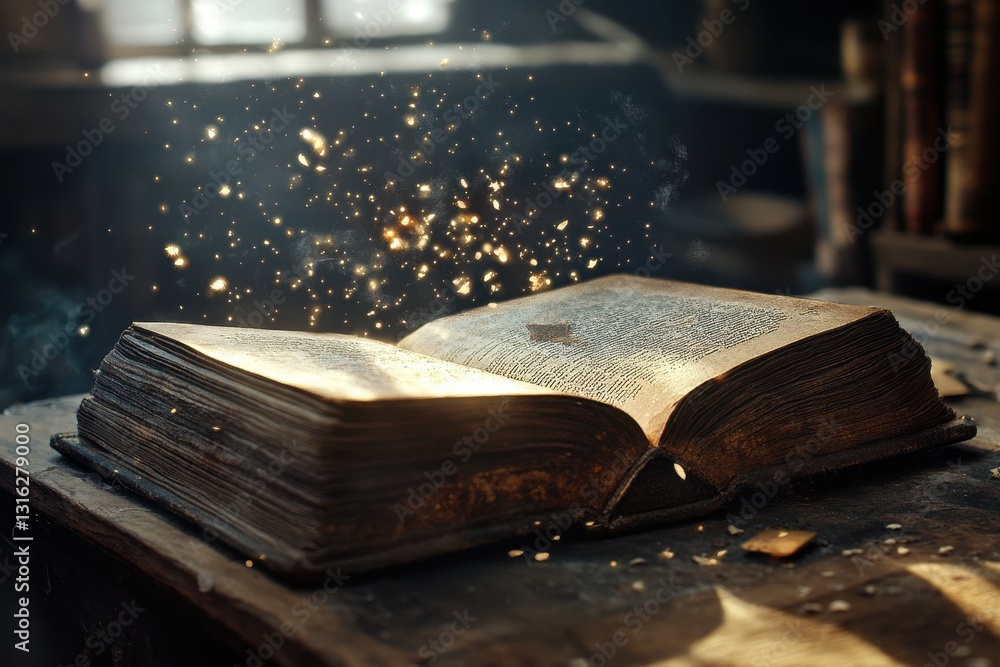 Poster an open aged book emanates sparkling lights in a dim setting