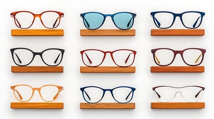 Eyeglass Collection: Stylish Frames on Wooden Display AI Generated