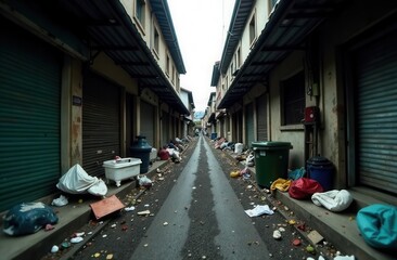 Urban cleanliness and environmental challenge in a narrow alley street scene