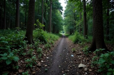 Forest trail with littered pathway highlighting environmental concerns