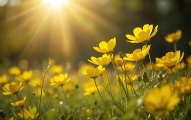 Fototapeta premium A field of yellow buttercup flowers with the sun shining behind them