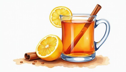 Realistic Illustration: GoldenHued Tea in a White Mug with Lemon and Cinnamon. A glass mug filled with  juice next to a slice of lemon.