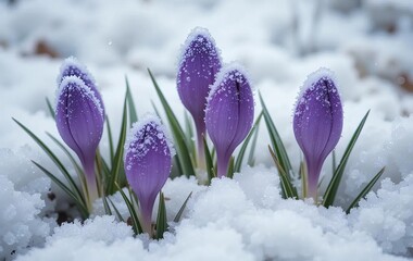 A close-up of light-violet crocuses in the snow