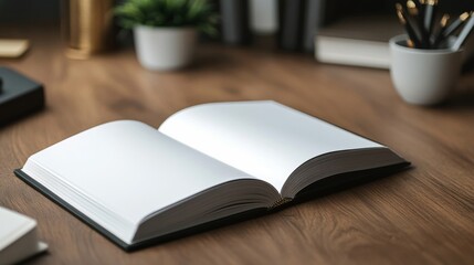 Fototapeta premium Open Blank Notebook on Wooden Desk