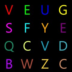 16 uppercase letters arranged in random order with colors on black ideal as school background on a matrix of 4x4 blocks