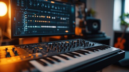Modern music studio with synthesizer and digital interface