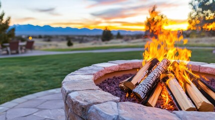 Fire pit with logs, in a backyard with a starry sky, glowing in a social moment