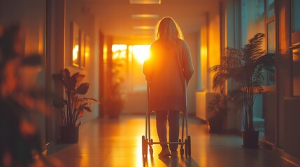 Patient with multiple sclerosis leaning on a walker in a sunlit corridor during sunset at a healthcare facility