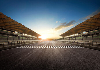 Asphalt racing track finish line, racing sports stadium. 3D Rendering.