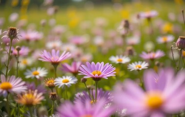 Fototapeta premium A meadow full of colorful flowers with a blue sky and sunshine in the background