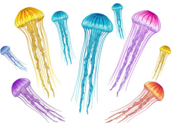 Isolated Group of Colorful Jellyfish Floating in Water