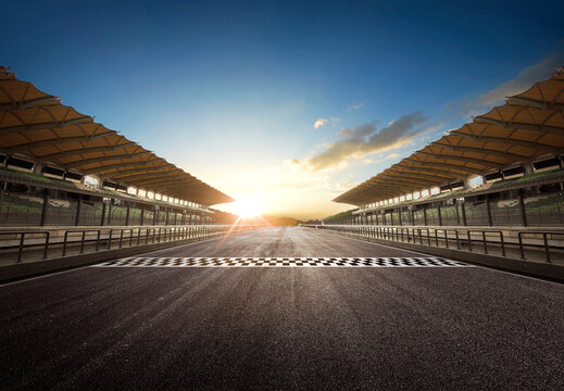 Asphalt racing track finish line, racing sports stadium. 3D Rendering.