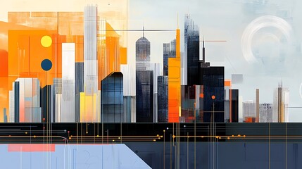 Abstract Cityscape Digital Painting: Vibrant Orange and Blue Metropolis at Dawn AI Generated