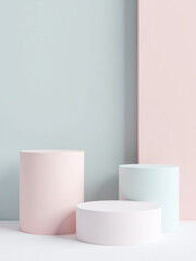 White And Gray Cylinder Pedestals With Pastel Colors And Platforms In A Geometric Abstract Minimalist Vector Design.