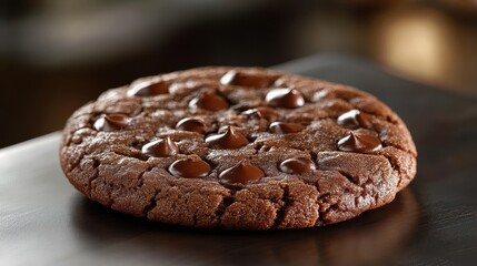 Fototapeta premium A single, double, deep brown cookie, its edges perfectly crisp, rests invitingly on a glossy magazine page, its rich aroma promising a delightful treat.