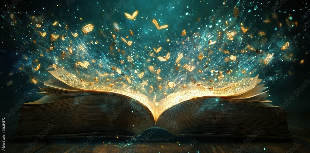 Poster a magical book is open with light and floating pages