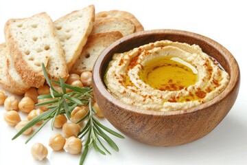 Appetizing hummus in wooden bowl garnished with olive oil and paprika with crunchy bread on white