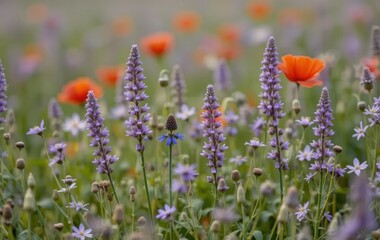 A field of purple and red wildflowers