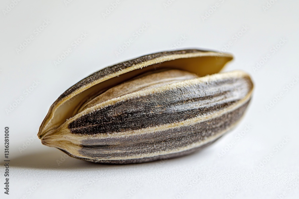 Poster detailed macro shot of a sunflower seed capturing its unique texture and pattern on a white surface 