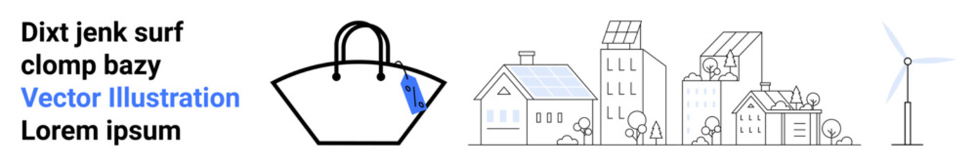 Reusable shopping bag, eco-friendly homes with solar panels, wind turbine showcasing renewable energy. Ideal for sustainability, environment, zero waste, clean energy, green technology, eco-conscious