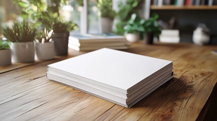 Stack of Blank White Books on Wooden Table