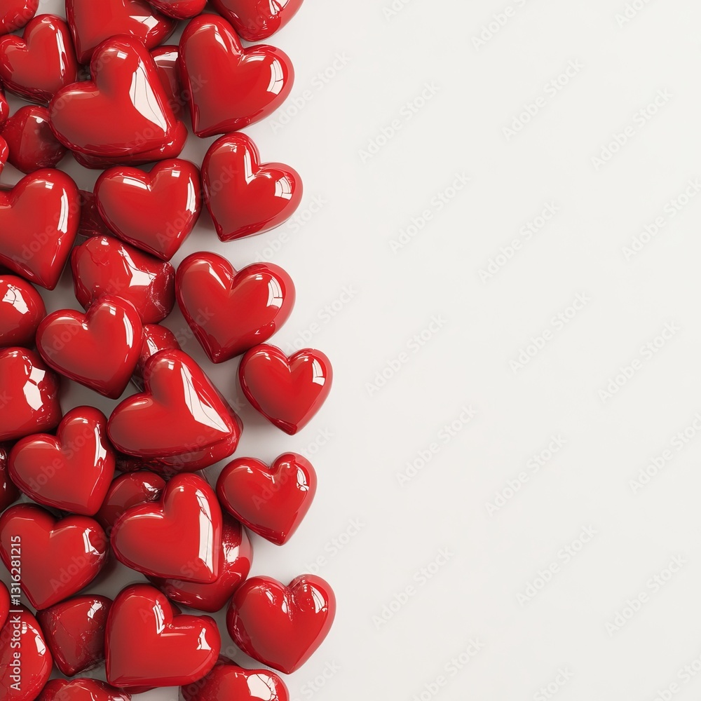 Poster against a white canvas, glossy red hearts in assorted sizes ascend, signifying the exuberant commemo
