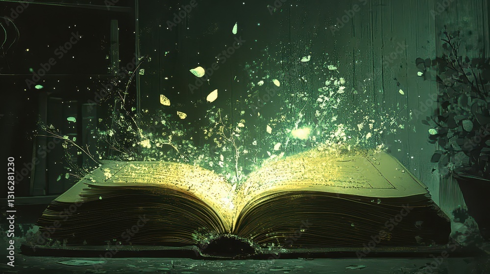 Poster an illuminated open book with glowing magical elements emerging