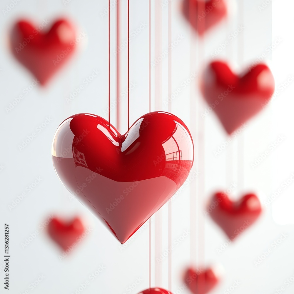 Poster a light background provides the perfect setting for red hearts that hang with a sparkling effect, gr