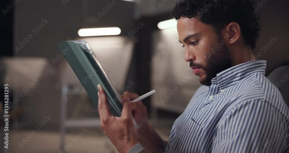 Poster man, graphic designer and tablet at night, drawing and editing process with creativity in workshop. 