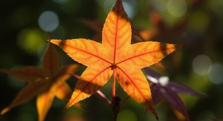 Fototapeta premium Glowing Orange Maple Leaf in Sunlight with Bokeh Background Autumn Season