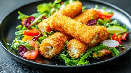 Fototapeta premium Golden fried cheese sticks served on a sleek plate with colorful salad from a top down shot