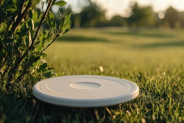 Frisbee in a bush, with a park and sunlight, yellow in a playful scene