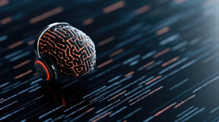 Futuristic brain with headphones amidst digital data stream