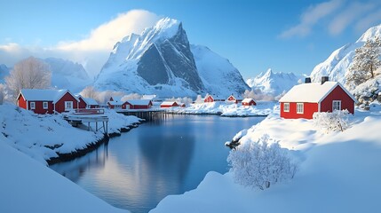 Peaceful winter landscape of a red cabin village in Lofoten Islands Norway surrounded by snow and mountains
