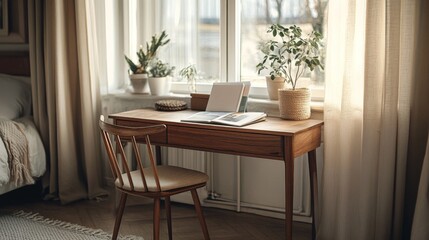 Cozy Home Workspace with Wooden Desk and Natural Light