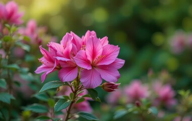 Obraz premium A close-up of a vibrant pink azalea flower with a blurred garden in the background