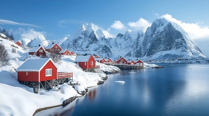 Scenic view of a peaceful village surrounded by mountains in the Lofoten Islands, Norway during winter
