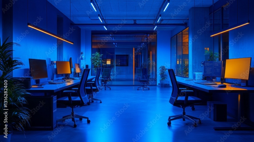 Poster an inviting office environment glows with tranquil blue lighting, featuring sleek workstations and p