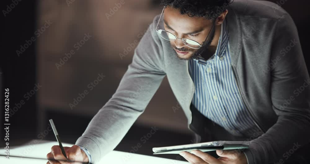 Poster creative, night or man with tablet for drawing vehicle sketch or editing skills in office overtime. 