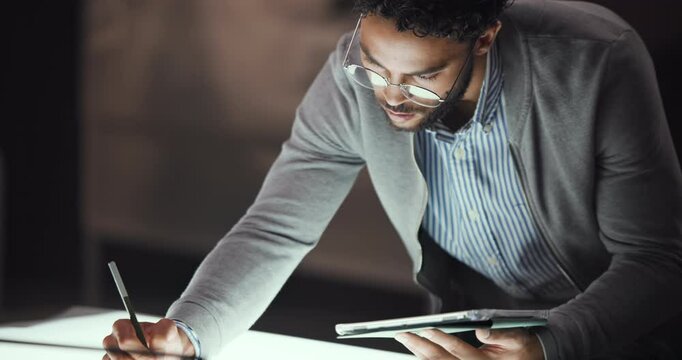 Creative, night or man with tablet for drawing vehicle sketch or editing skills in office overtime. Deadline, designer or automotive stylist with car illustration, motor structure or project process